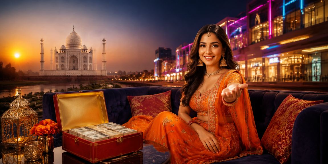 Vibrant neon-lit casino gaming area with Taj Mahal backdrop